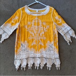Est 1946 Women's 2/3 Sleeve Embroidered Lace Yellow Tunic Blouse